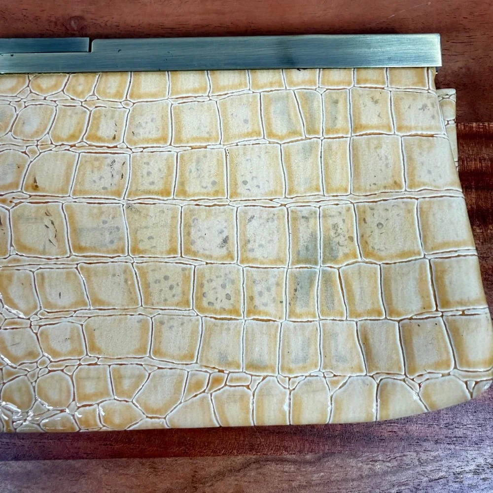 Jessica McClintock Yellow Croc Embossed Clutch Evening Bag w Brass Frame & Chain